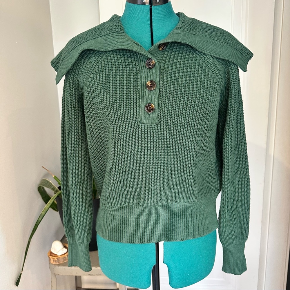 LOFT Forest Green Collared Sailor Neck Button Pullover Sweater
